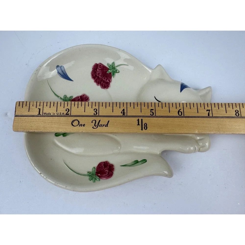 Lenox Poppies on Blue Sleeping Cat Trinket Dish Porcelain Floral White Red Blue